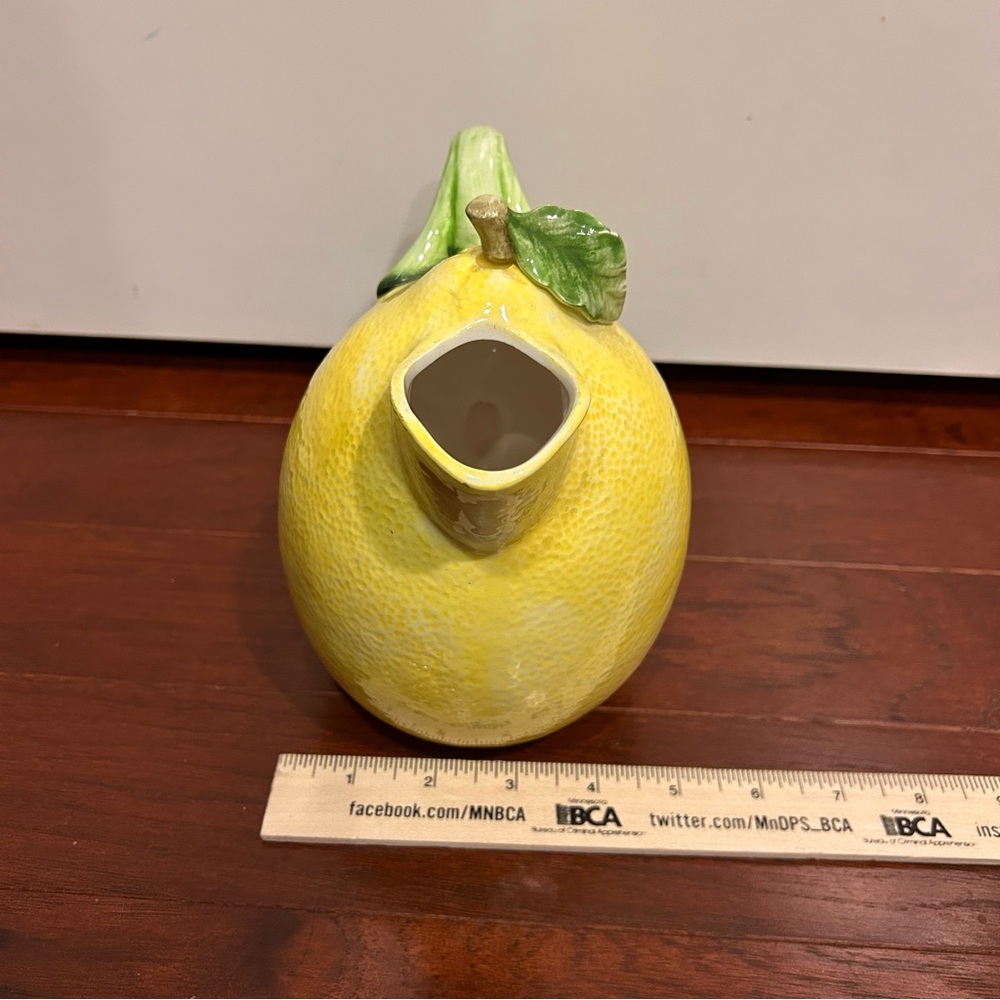 Vintage Ceramic Lemon Pitcher Green Leaf Handle Crafted in Japan hand painted - Picture 10 of 10